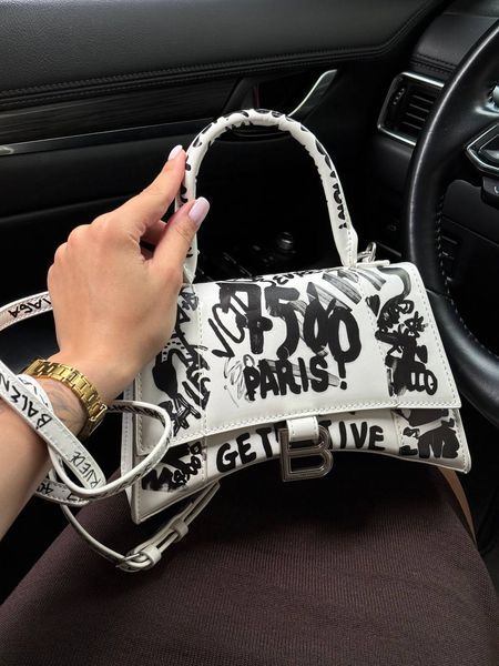 Balenciaga Hourglass Handbag Small in Crocodile Embossed Calfsk White/Black pr1061 фото