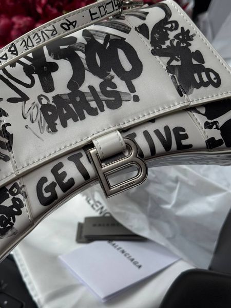 Balenciaga Hourglass Handbag Small in Crocodile Embossed Calfsk White/Black pr1061 фото
