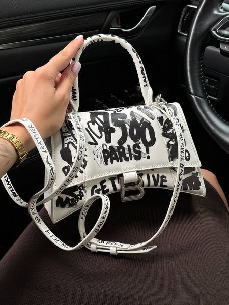 Balenciaga Hourglass Handbag Small in Crocodile Embossed Calfsk White/Black pr1061 фото