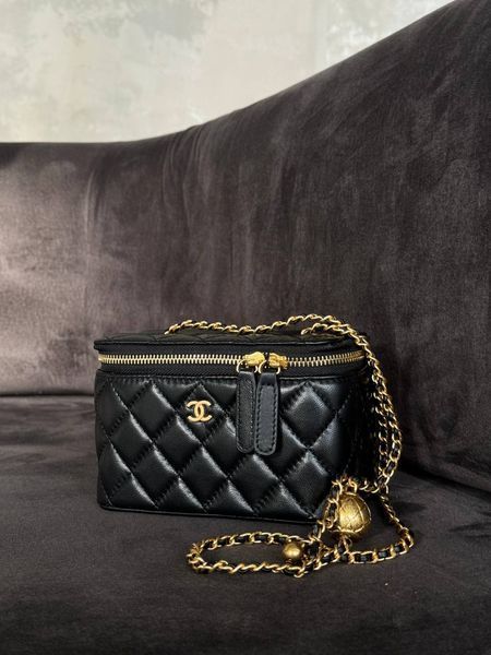Chanel Classic Black Lambskin Pearl Crush Vanity Bag Black/Gold Гладка шкіра [магнітна коробка] pr0029 фото