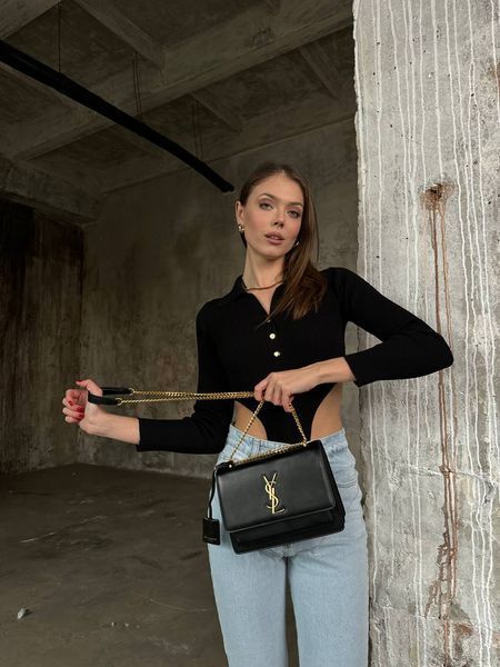 Yves Saint Laurent Medium Sunset in Smooth Leather Black/Gold pr08510 фото