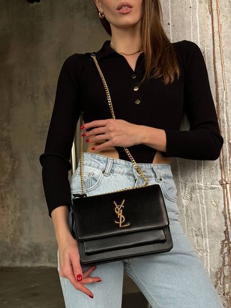 Yves Saint Laurent Medium Sunset in Smooth Leather Black/Gold pr08510 фото