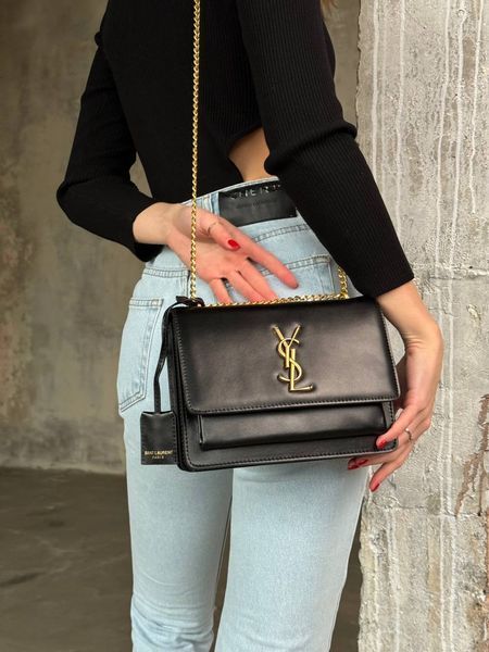 Yves Saint Laurent Medium Sunset in Smooth Leather Black/Gold pr08510 фото