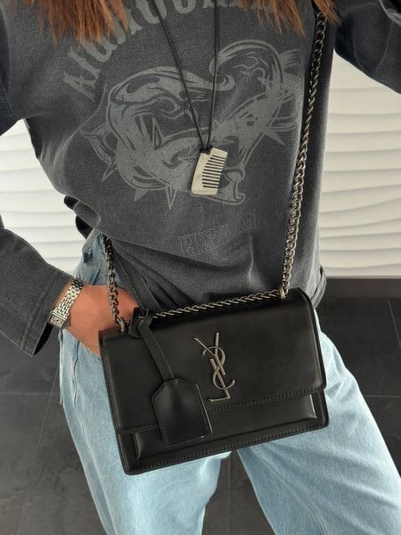Yves Saint Laurent Medium Sunset in Smooth Leather Black/Silver pr08921 фото