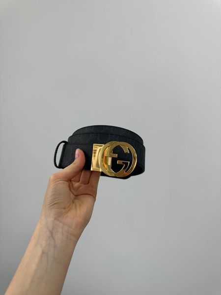 Gucci Belt with Interlocking G Buckle &mdash; ремінь із сірої канви з золотою пряжкою (Grey Canvas / Gold) 6616921 фото