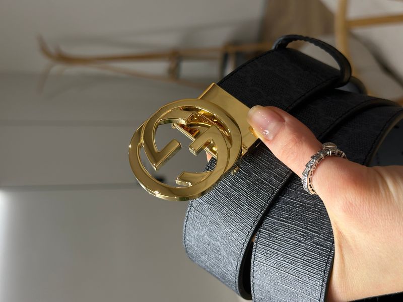 Gucci Belt with Interlocking G Buckle &mdash; ремінь із сірої канви з золотою пряжкою (Grey Canvas / Gold) 6616921 фото