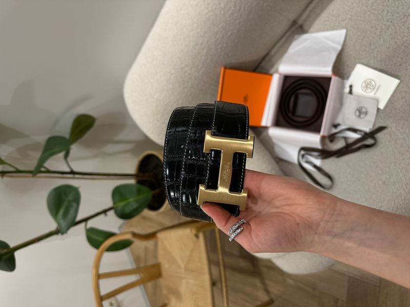 Hermes Constance Belt із крокодилової шкіри Porosus Black/Gold 6617431 фото